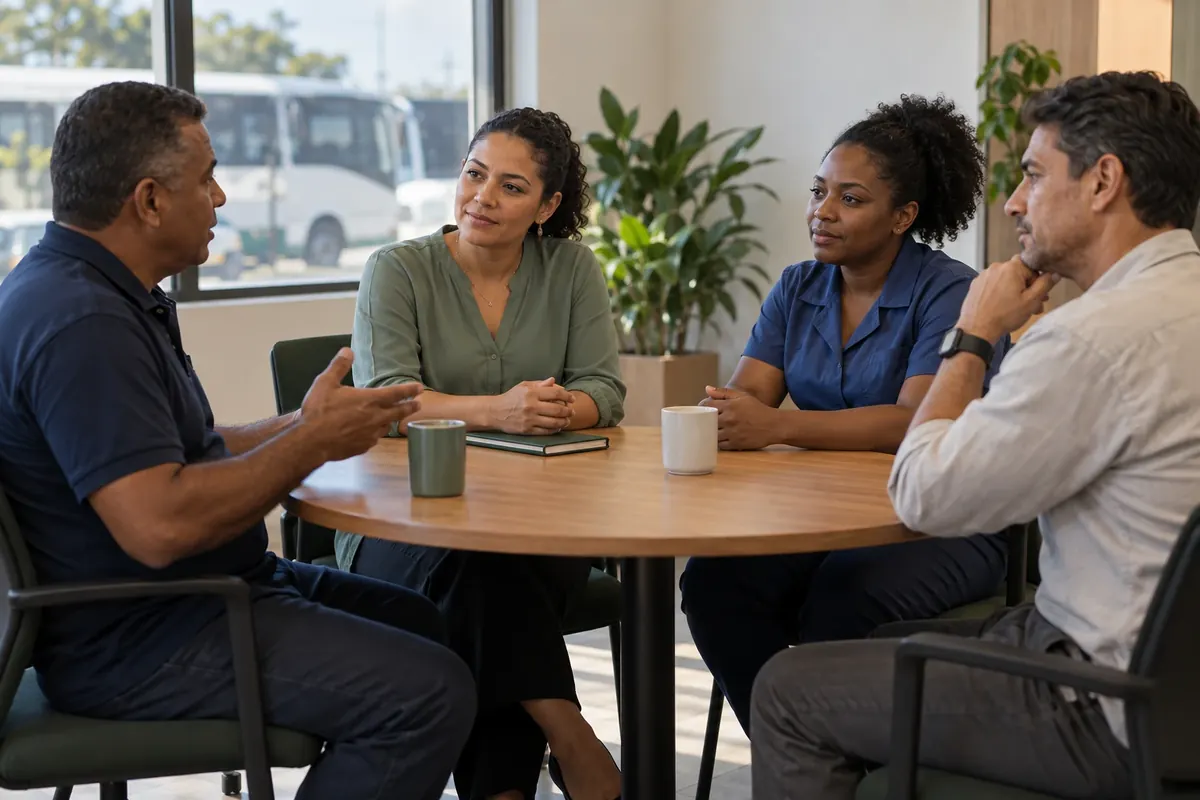 Psicóloga em roda de conversa com trabalhadores numa sala da empresa