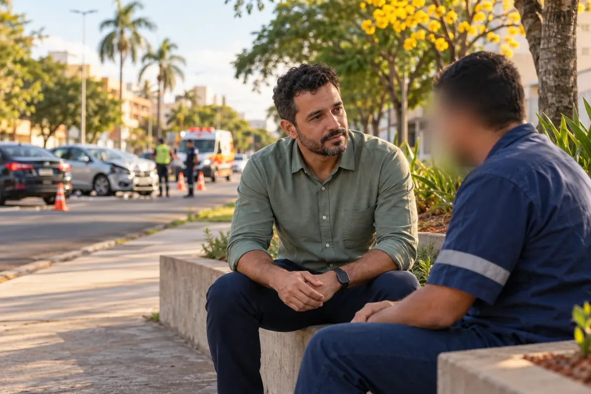 Psicólogo sentado ao lado de um trabalhador, conversando com calma perto do local de um acidente de trânsito
