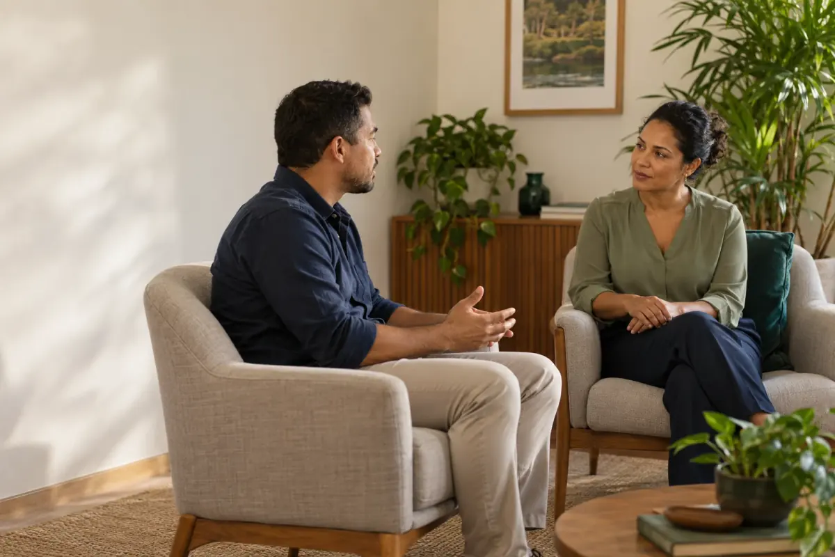 Psicóloga e paciente conversando em poltronas, numa sala clara com plantas